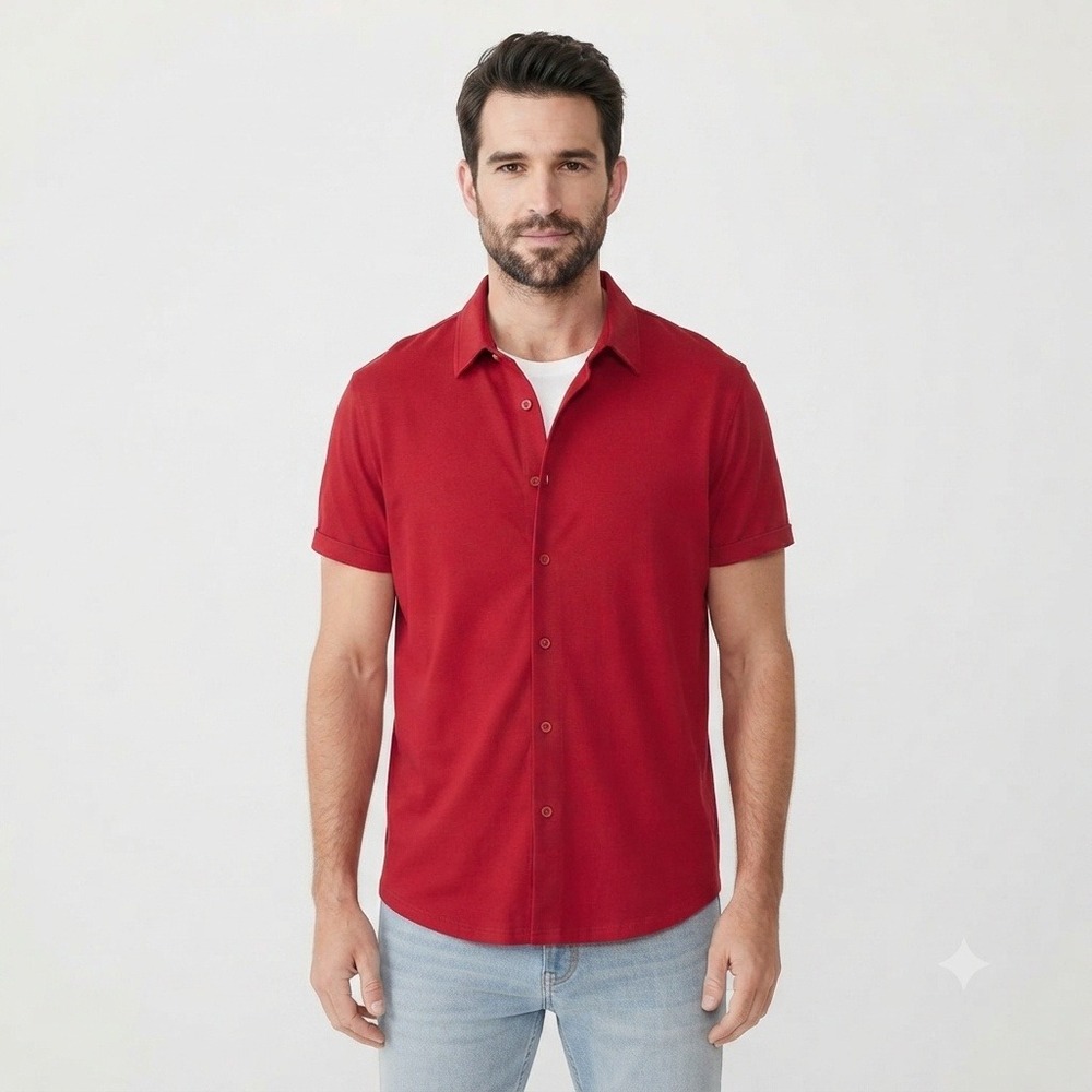Coofandy Shirt Mens Large Red Short Sleeve Button Down Stretch Knit Casual